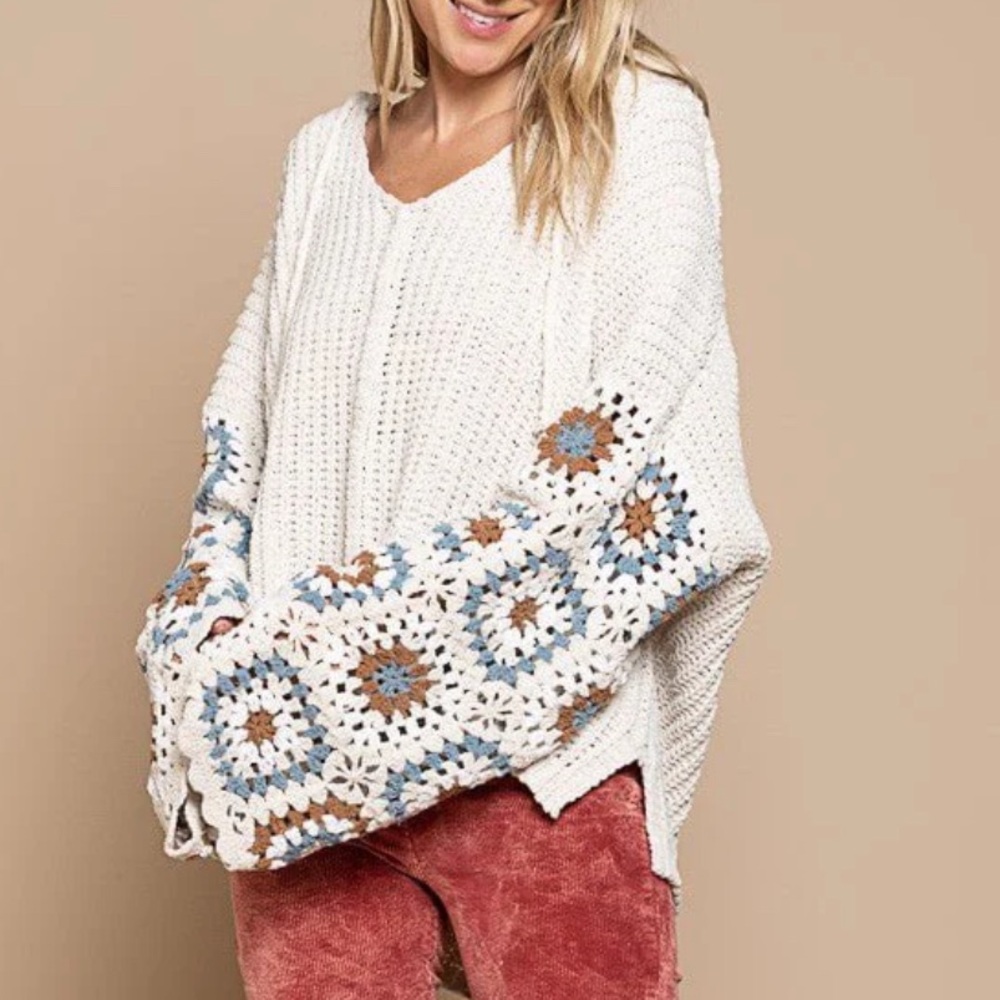 POL Beige Crochet Wide Bell Sleeve Sweater L